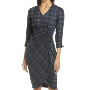Tahari ASL Plaid V-neck Sheath Dress Ruche Waist Blue Grey Office Wear SZ 2